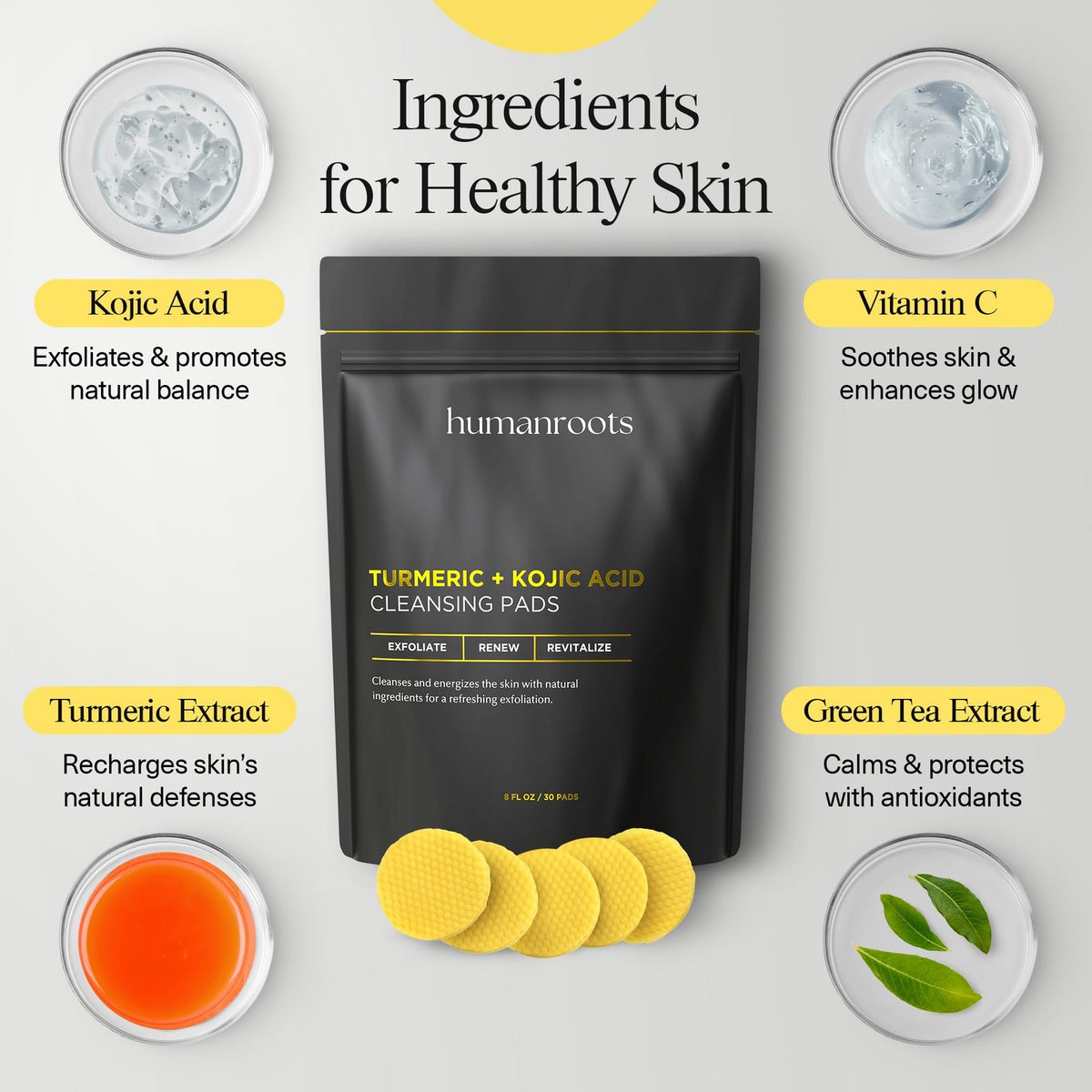 Turmeric Kojic Acid Face Cleansing Pads for All Skin Types - 30 Pack