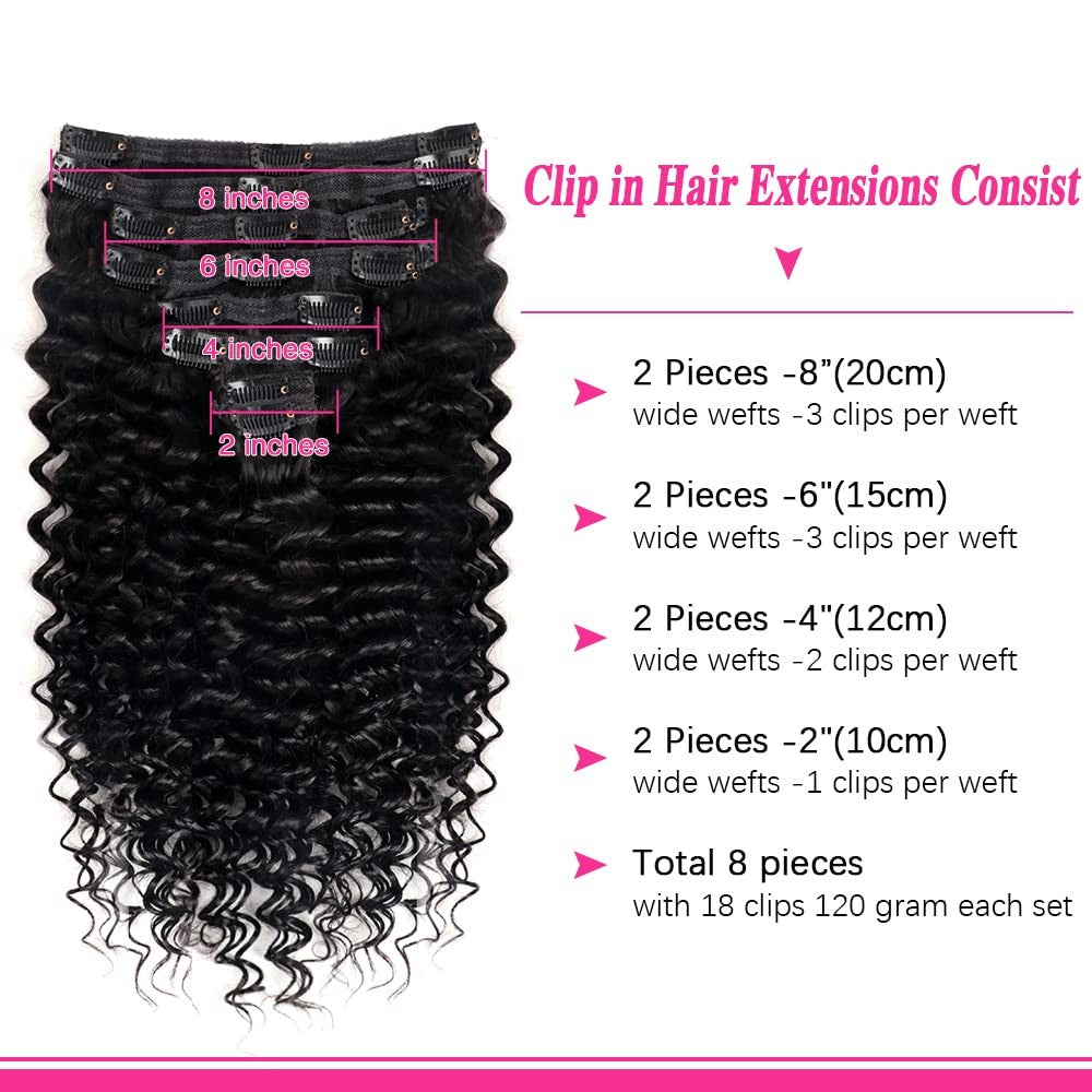Deep Wave Clip-In Hair Extensions 8 Pieces 22 Inch Natural Black