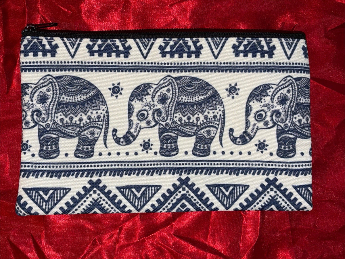 Elephant Cosmetic Bag Makeup Purse Clutch Organizer Blue Ivory Boho