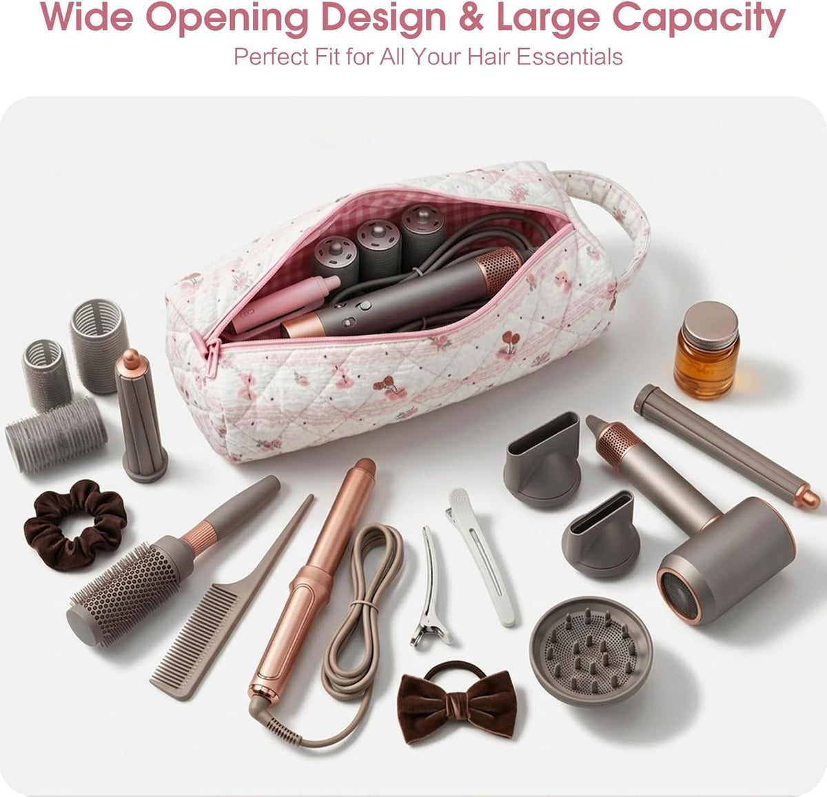 Travel Hair Tool Organizer Bag Pink Portable Dryer & Curling Iron Case