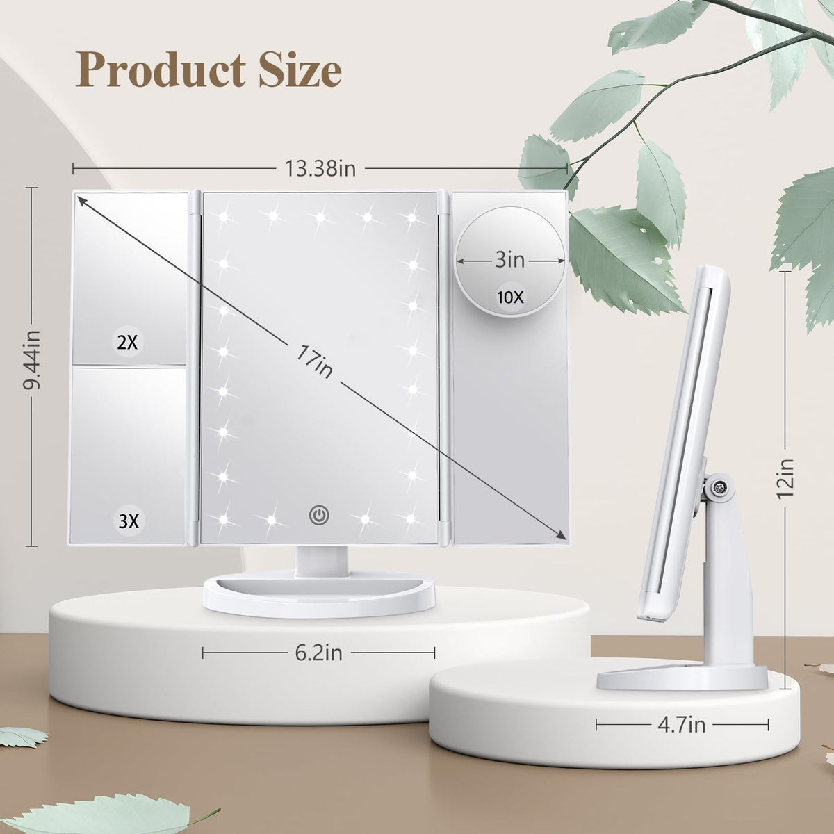 Lighted Makeup Mirror with Adjustable LED Lights, 2X-10X Magnification, White Vanity Mirror