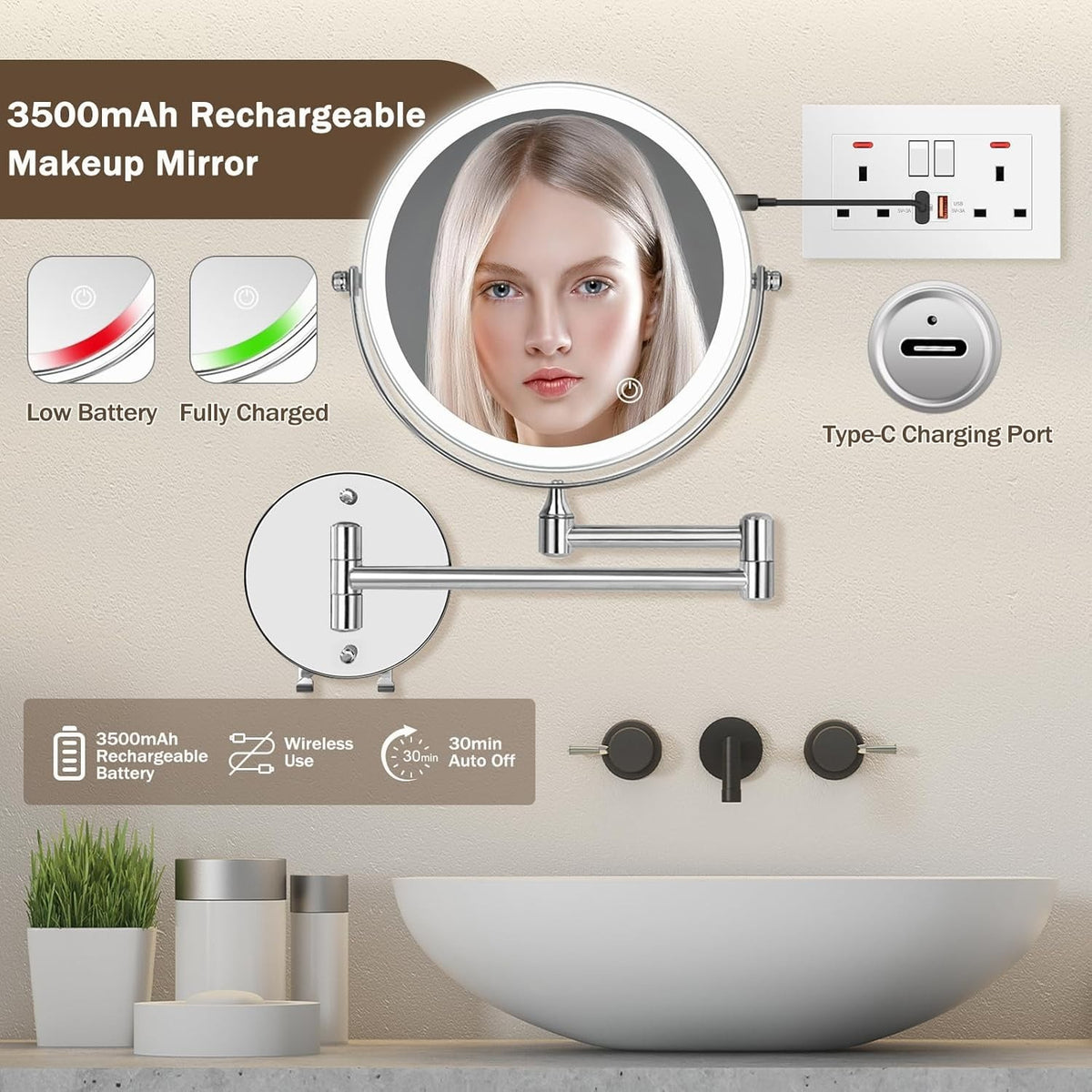 Wall Makeup Mirror with LED Light, 20cm Dual-Sided 15x Magnification