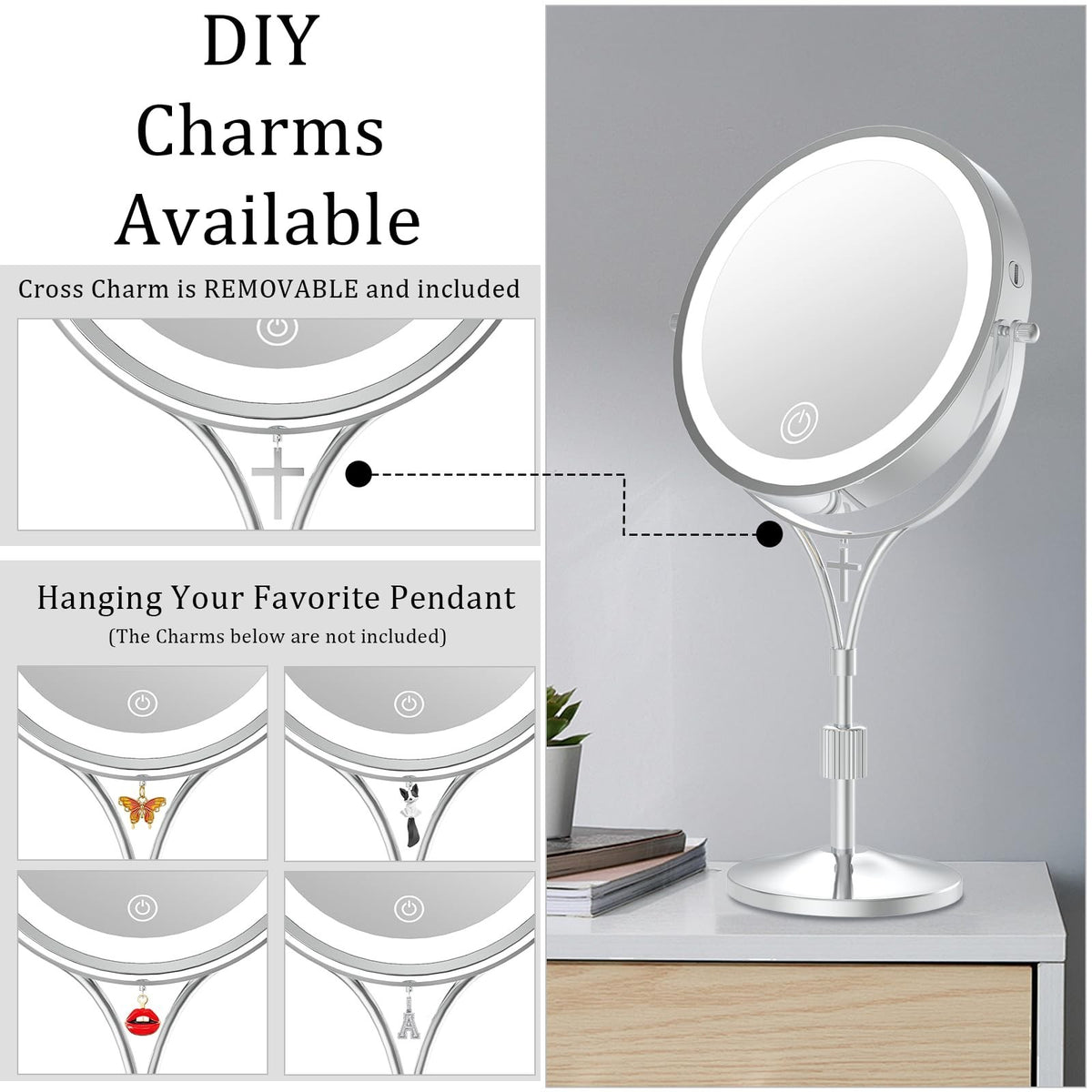 Lighted Magnifying Makeup Mirror with 3 Color Lights & Cross Charm - 7 Inch Adjustable Vanity Mirror