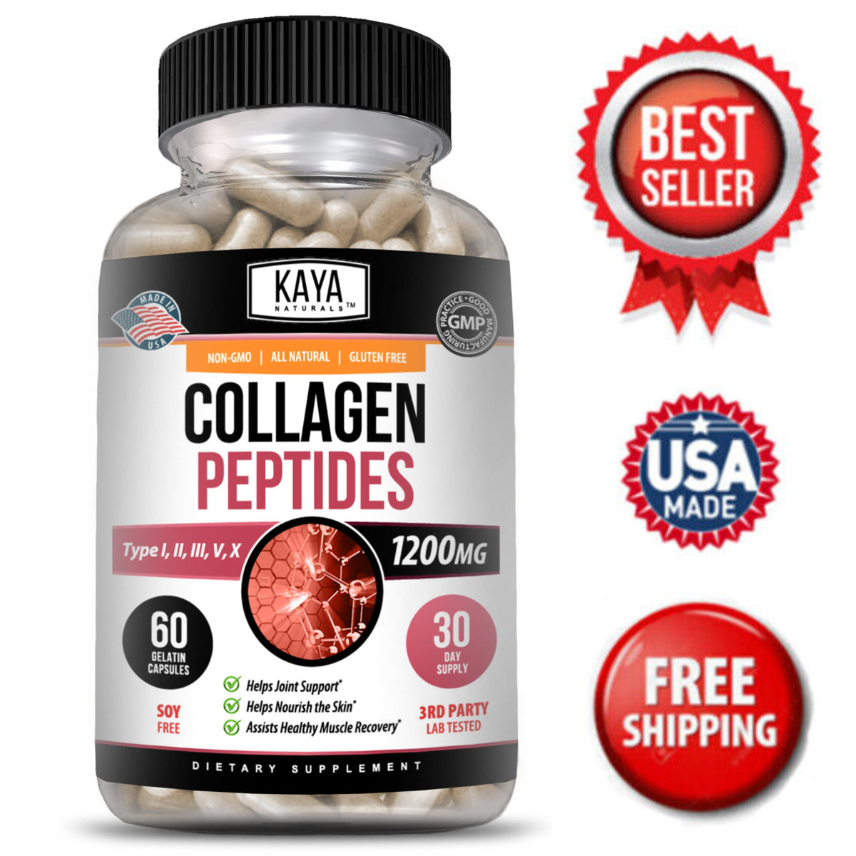 Collagen Peptides Capsules with Hyaluronic Acid - Types I, II, III, V, X 1200mg - 60 Capsules