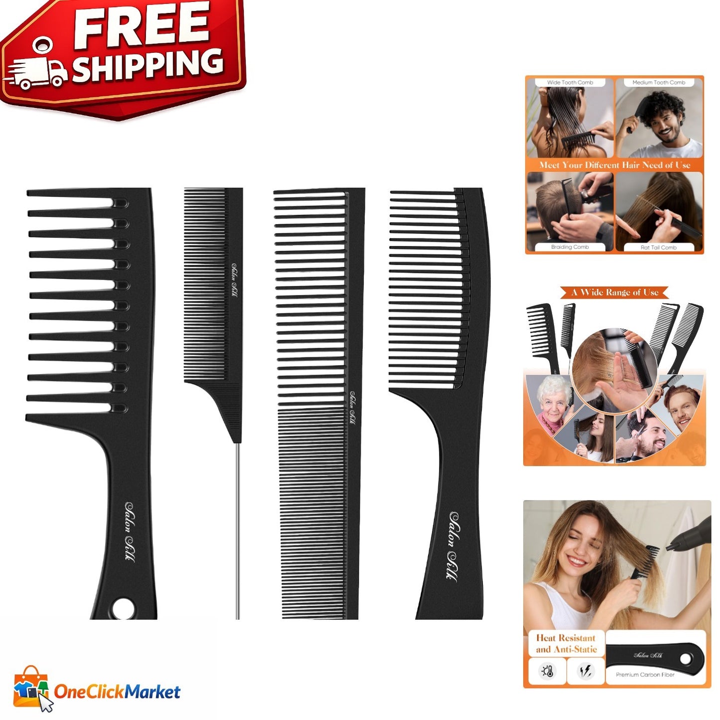4-Piece Hair Comb Set for Detangling & Styling - Lightweight & Durable