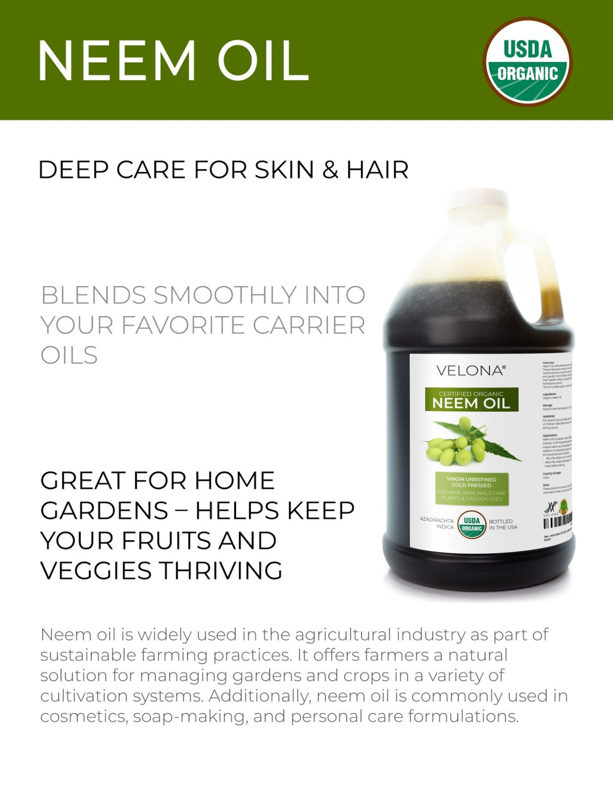 Neem Oil USDA Organic Cold Pressed - 1 Gallon