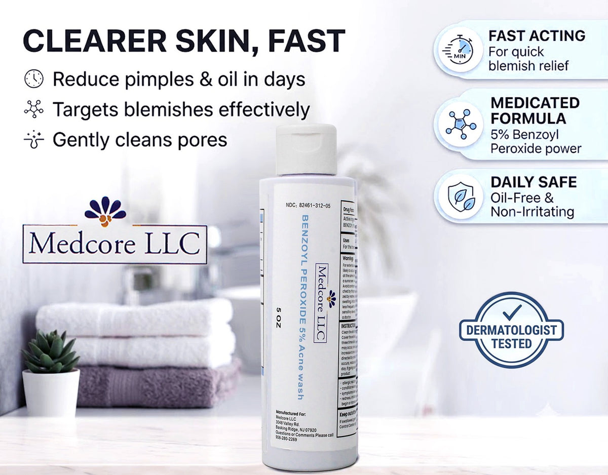 Medcore Benzoyl Peroxide 5% Acne Wash - 5 oz, Pack of 4 for Acne Treatment
