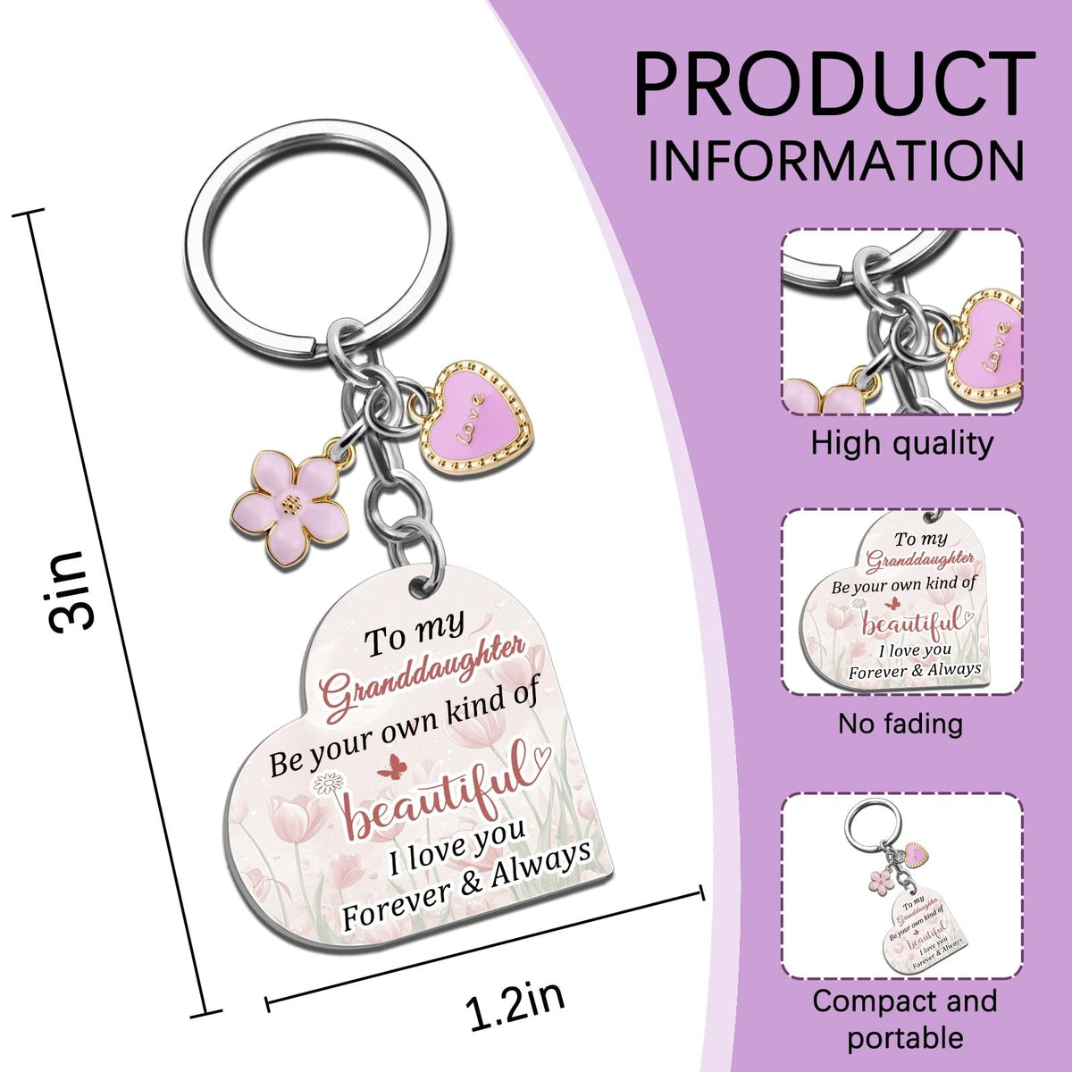 Cute Granddaughter Keychain from Grandma - Personalized Gift, Pink, Lightweight Stainless Steel