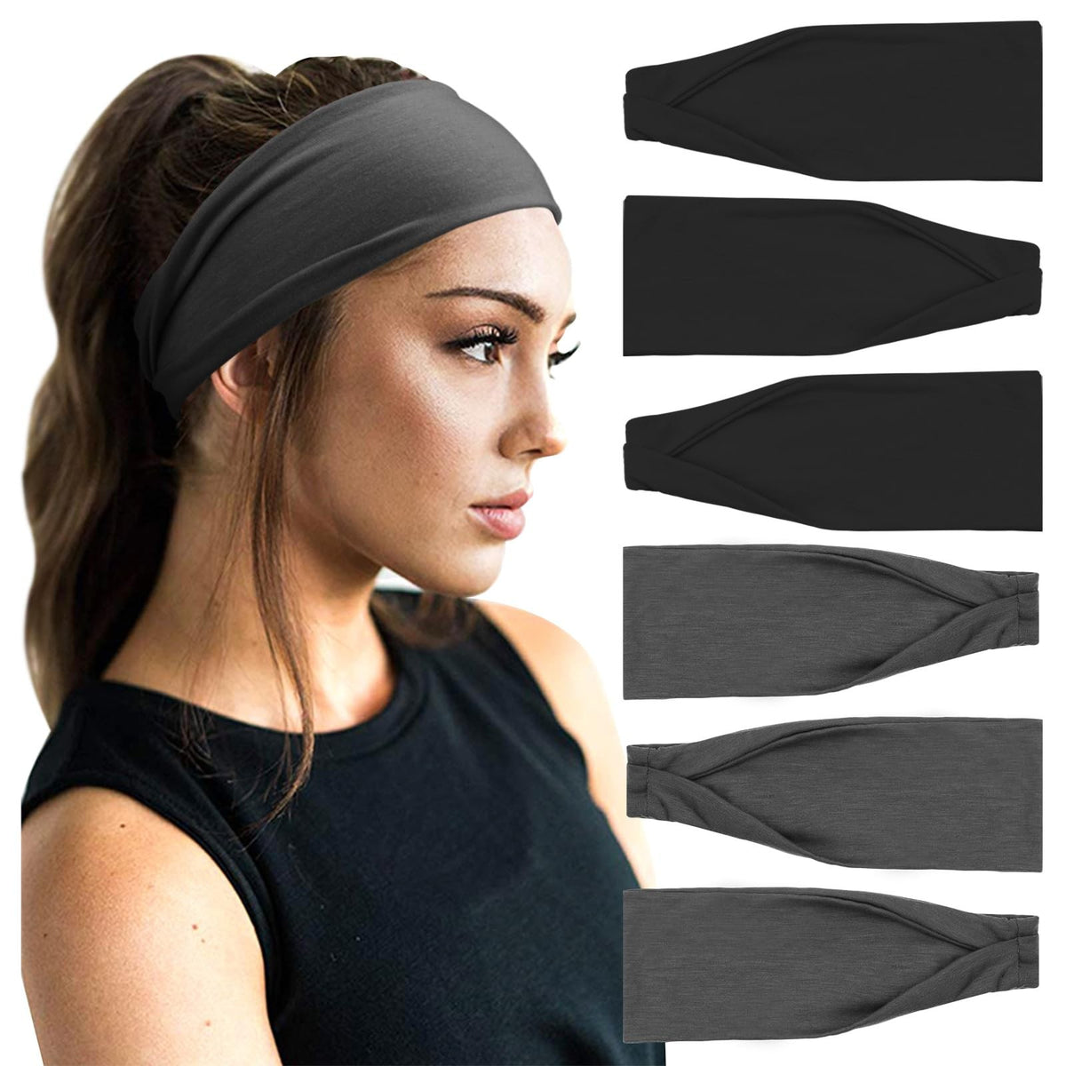 DRESHOW Yoga Sports Headbands for Women One Size, 6 Pack L: Solid