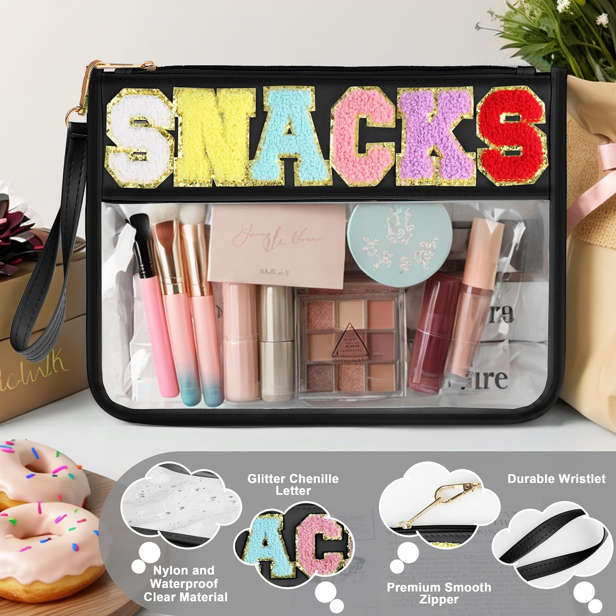 Travel Snack Bag with Zipper & Clear PVC Chenille Letter Patch - Waterproof Pouch