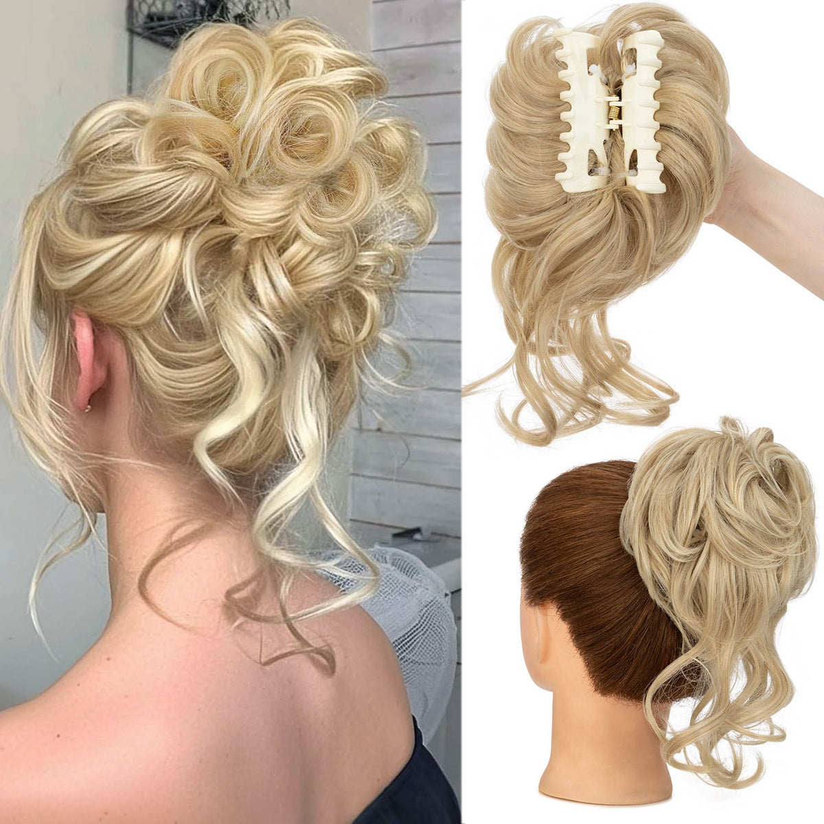 Thick Messy Curly Hair Bun Claw Clip Extensions - Multiple Colors & Lengths