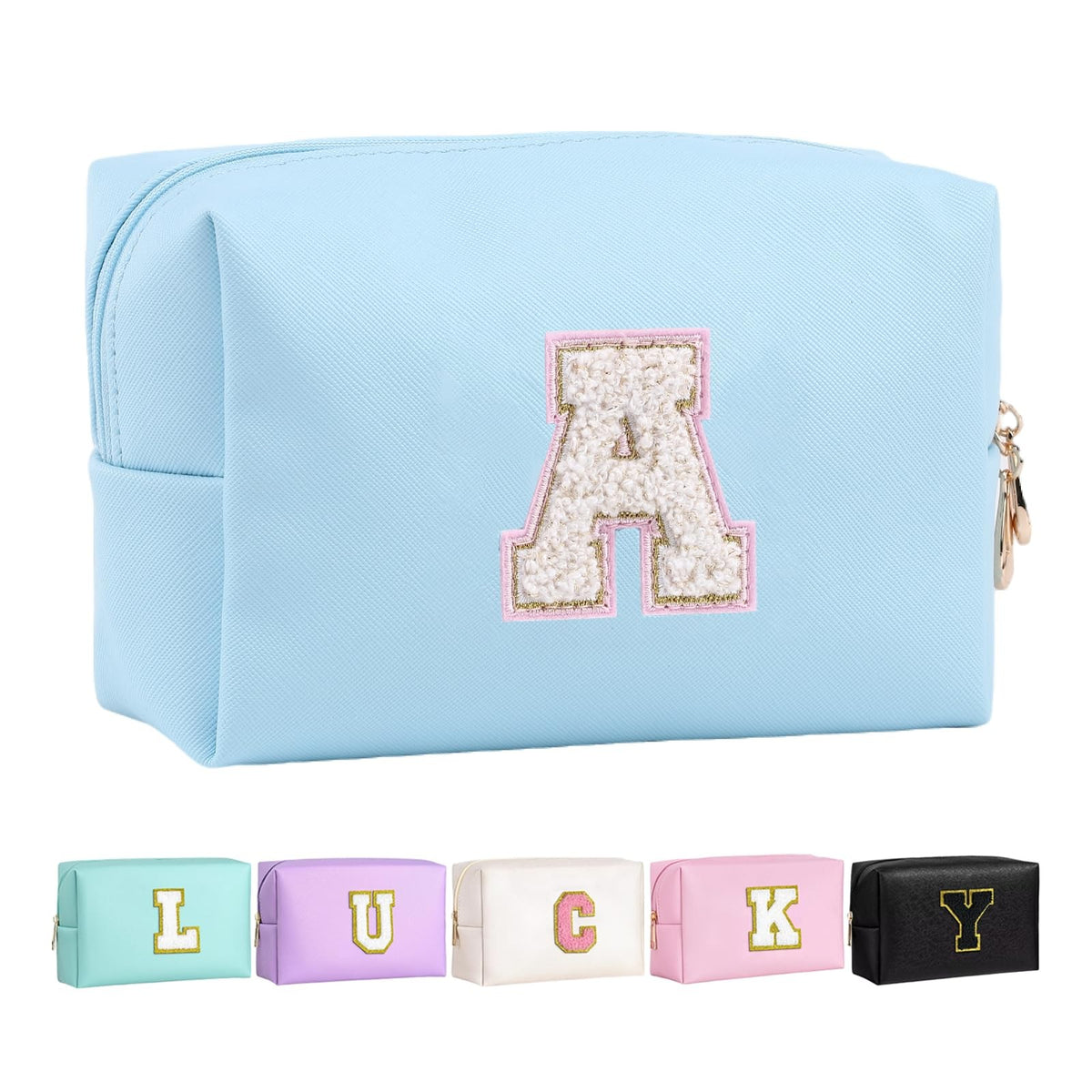 Personalized Preppy Patch Makeup Bag - Waterproof PU, Azure-Pink