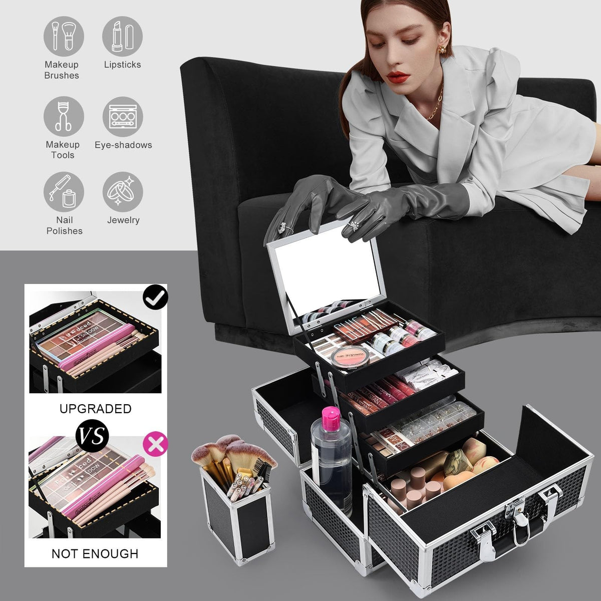 11.6 Inch Makeup Train Case with 3 Trays & Mirror – Black Cosmetic Organizer