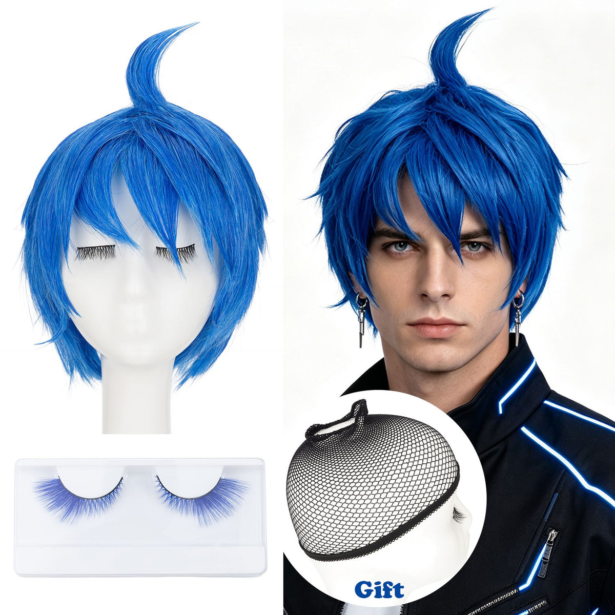 Blue Anime Cosplay Wig Set with Cap & Eyelashes - Short Spiky Style