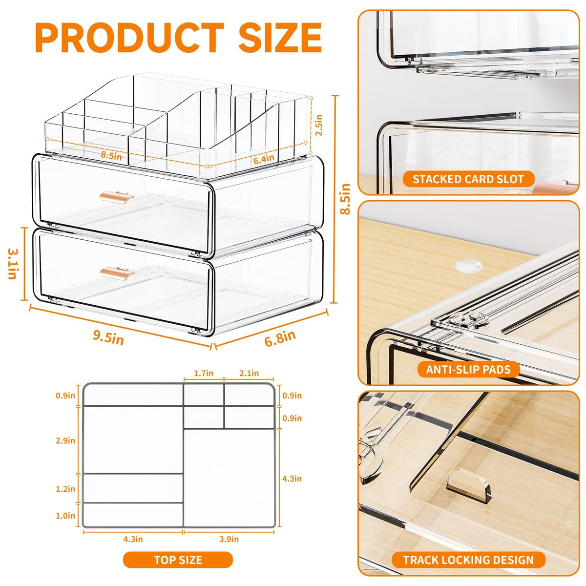 Acrylic Makeup Organizer with Drawers and Compartments - Clear Countertop Storage
