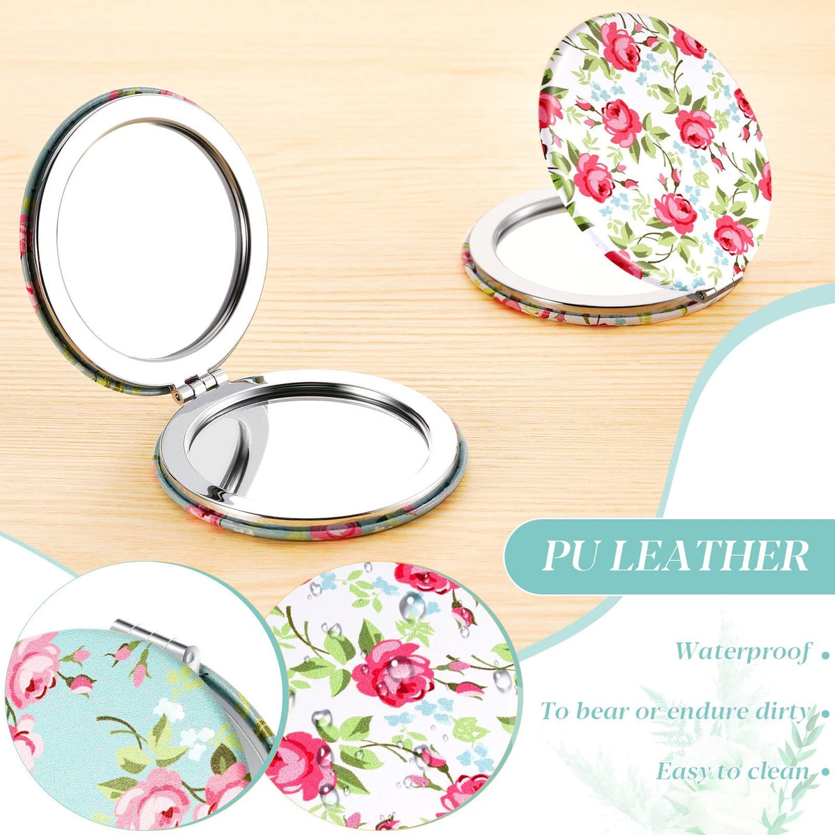 Mini Floral Compact Mirror Set for Women - 6 Pack Portable Folding Makeup Mirrors with Magnification