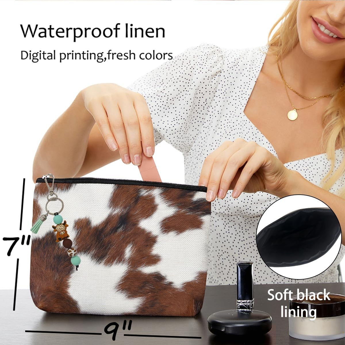 Multicolor Cow Fur Print Makeup Bag for Women 9x7 Inches - Durable Travel Cosmetic Organizer