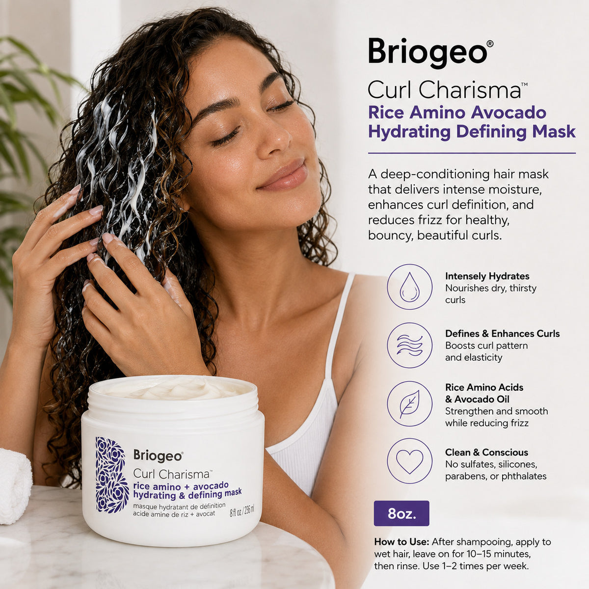 Hydrating Curl Mask with Rice Amino & Avocado - 8oz. for Curly Hair