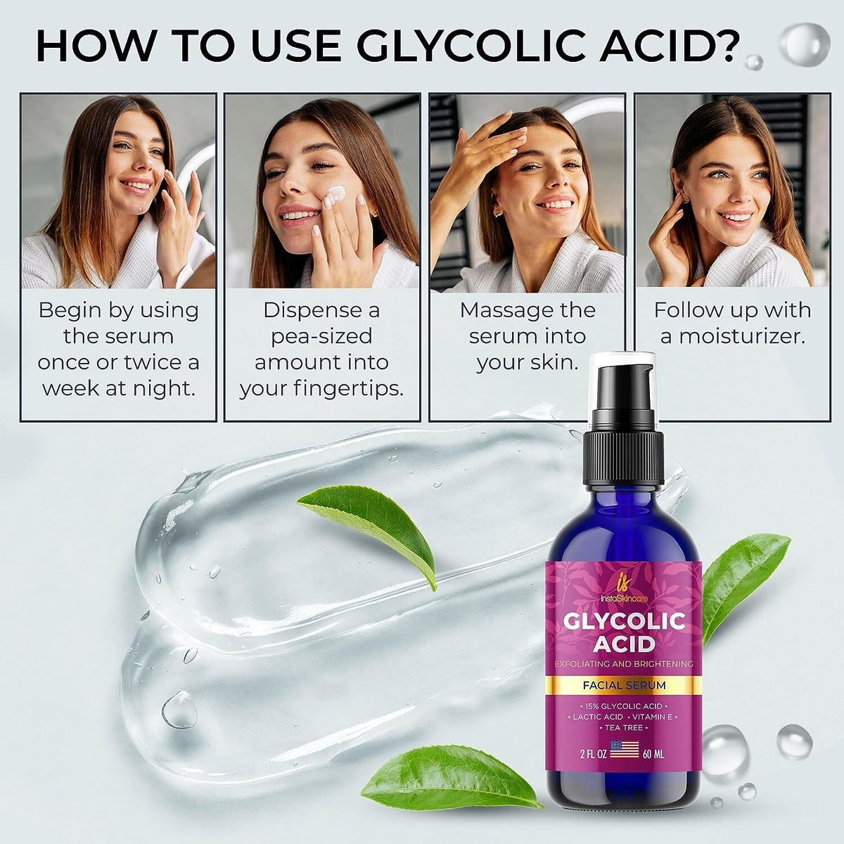 Glycolic Acid 15% Lactic AHA Face Serum for Brightening & Anti-Aging 2oz