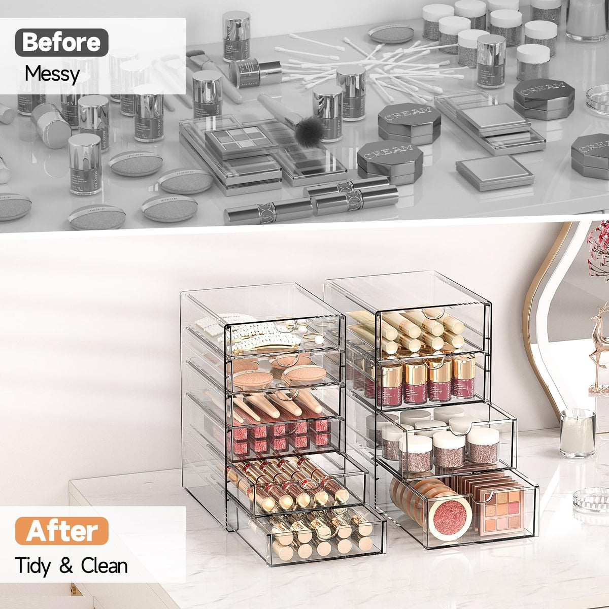 Acrylic 13-Drawer Makeup Organizer Set - 3 Pack Desk & Vanity Storage