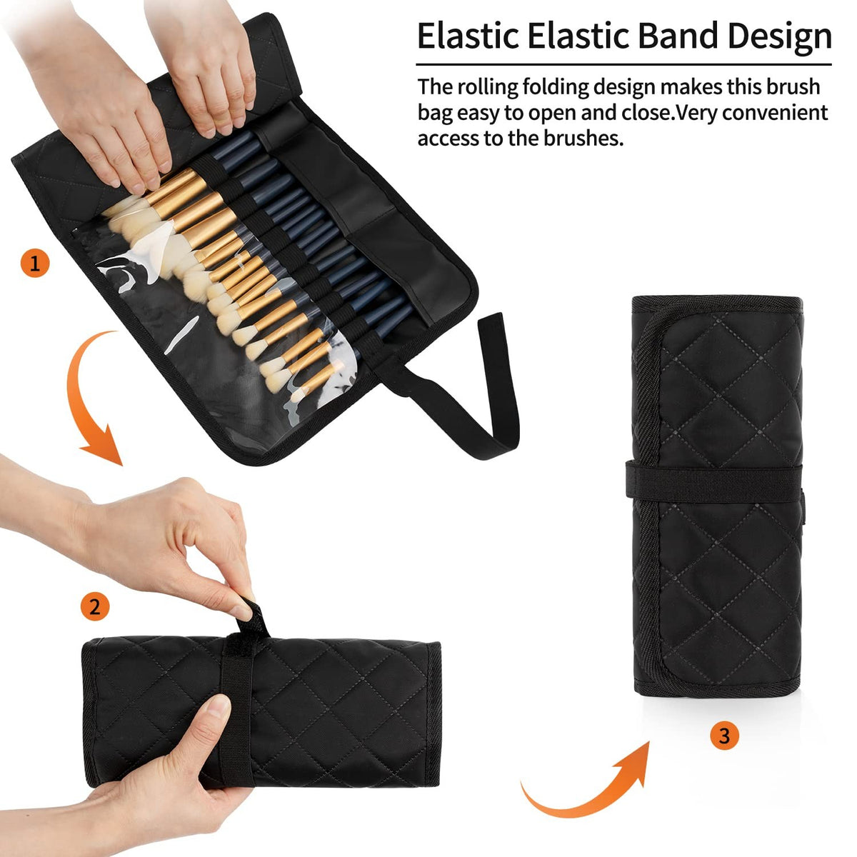 Makeup Brush Holder Roll-Up Bag - Compact Large Capacity Organizer for Cosmetics & Art Supplies, Black Rhombus