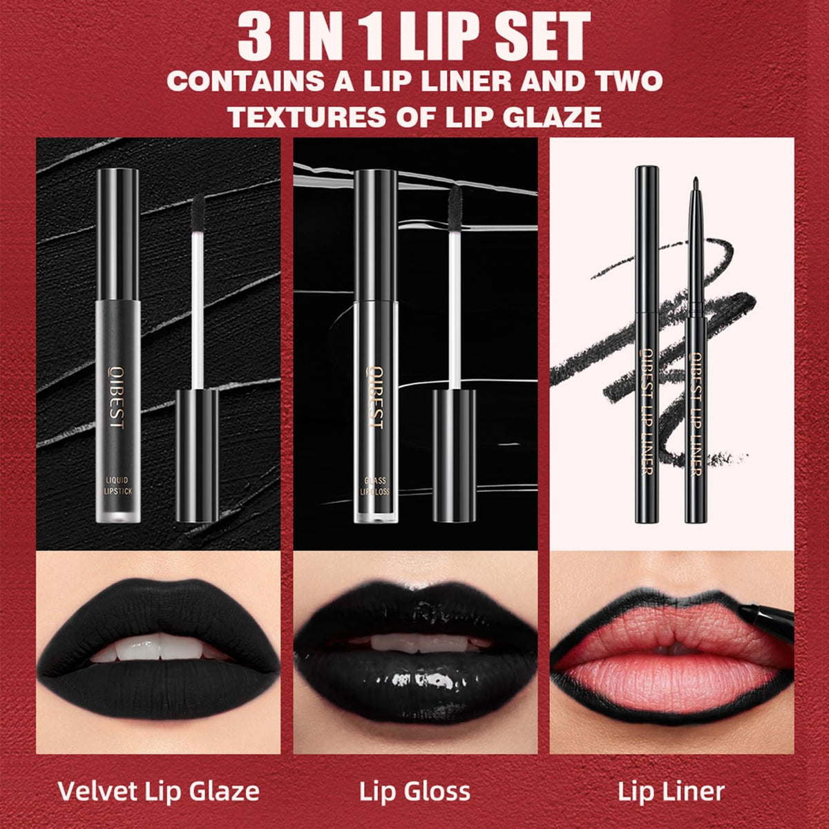Black Lipstick and Lip Liner Set - 3-Piece Matte Lip Makeup Kit