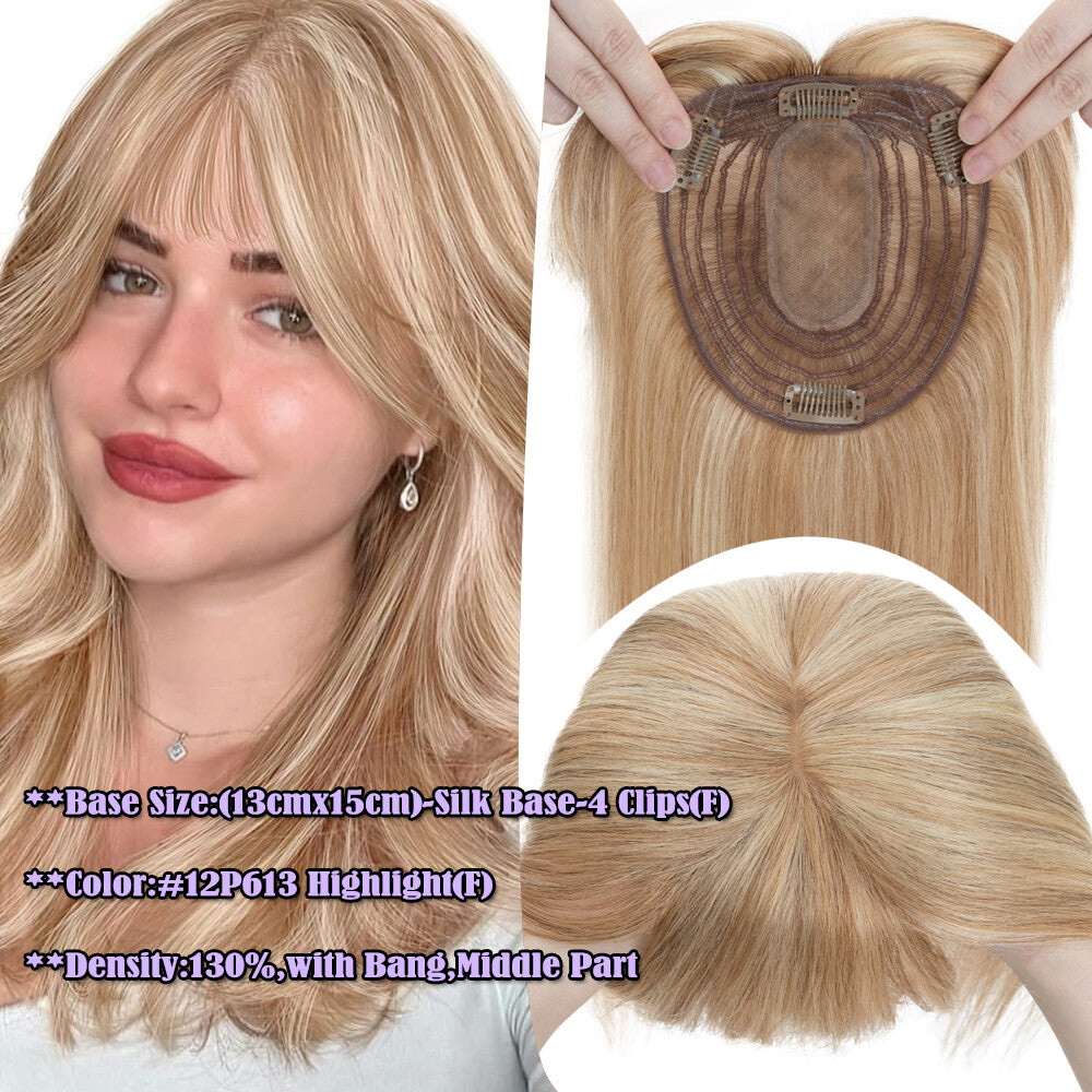 Remy Human Hair Topper Clip-In Hairpiece with Silk Base for Women