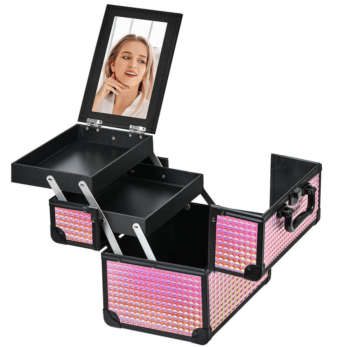 Portable Makeup Train Case with Mirror and Storage Compartments - Black Bright Pink
