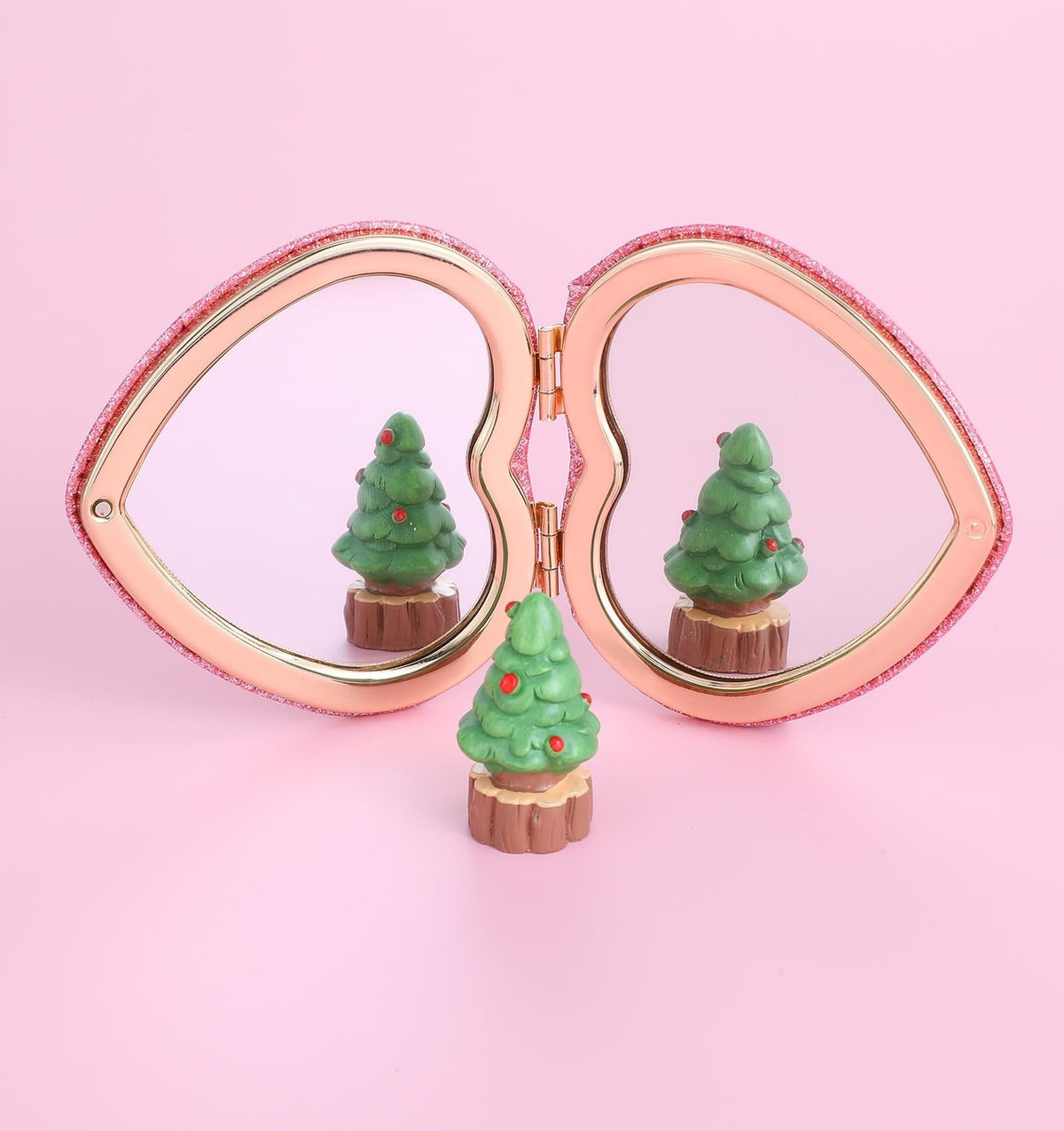 Pink Heart Compact Mirror with Magnifying - Double-Sided Folding Makeup Tool