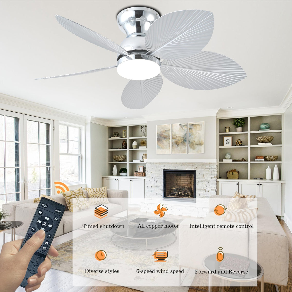 38-Inch Modern Ceiling Fan with Light and Remote Control, Reversible Blades