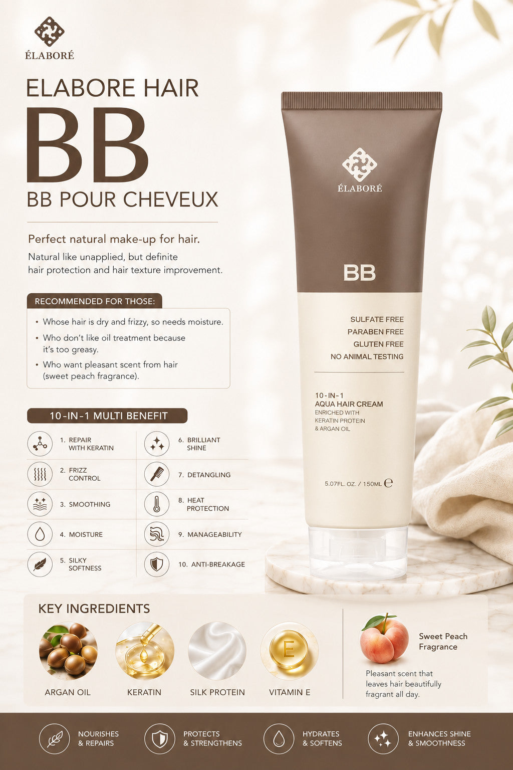 Elabore Hair BB 10-in-1 Aqua Hair Cream - Hydrating Leave-In Treatment, 150ml