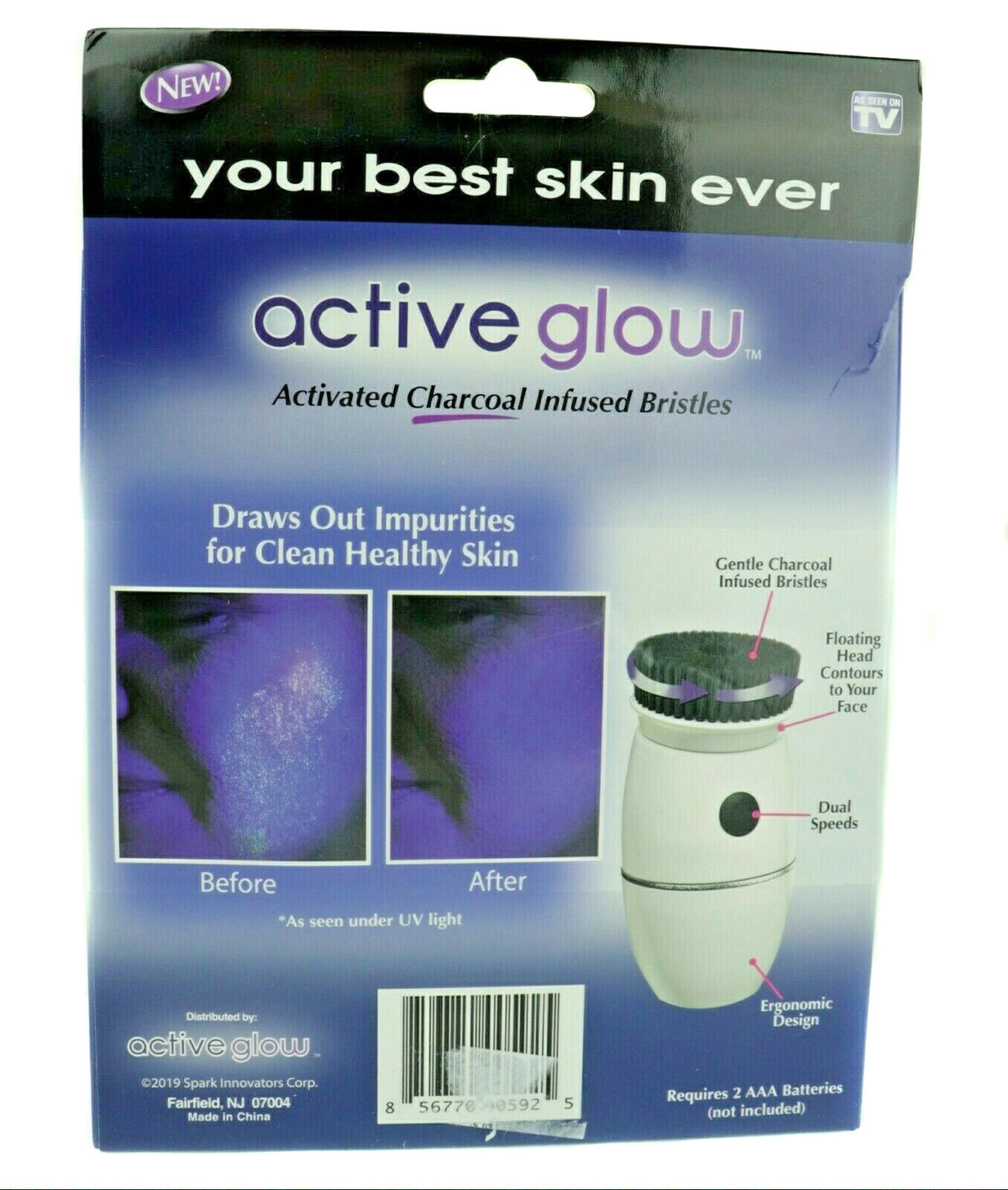 New in Box Active Glow Facial Cleansing Brush With Activated Charcoal