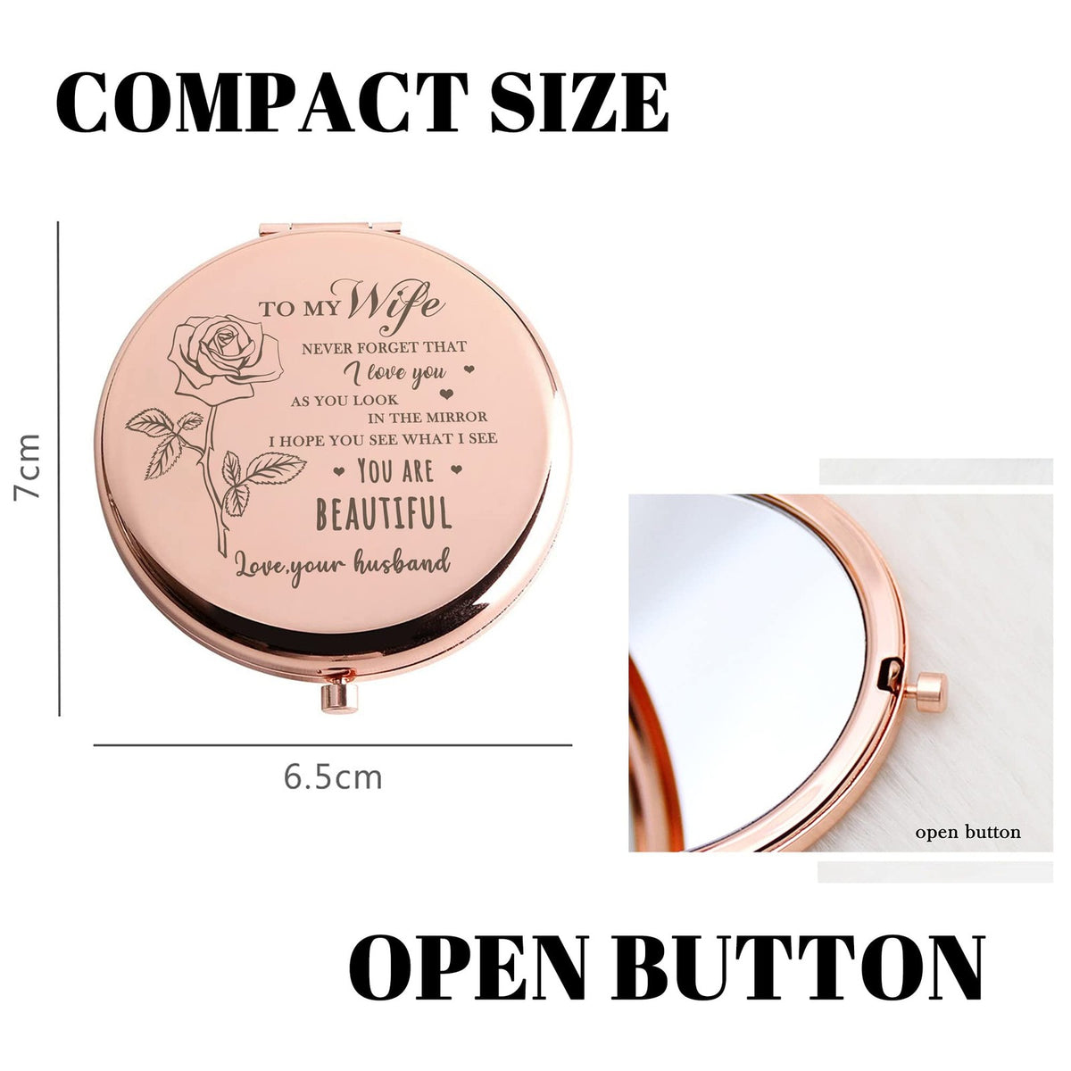 Rose Gold Compact Mirror with Magnification - Portable Makeup Vanity