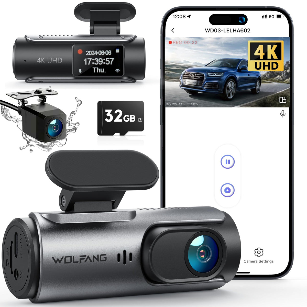4K Dual Dash Cam with WiFi Night Vision Front & Rear Car Recorder
