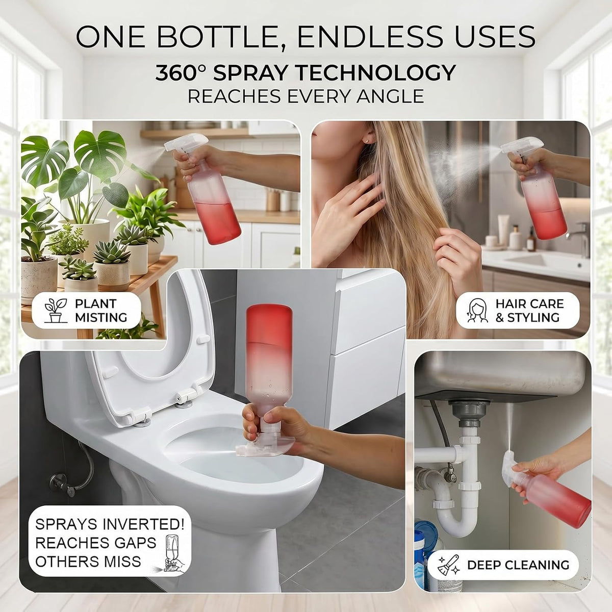 16.9oz Plastic Spray Bottles Set - 360° Adjustable Nozzle for Cleaning & Gardening