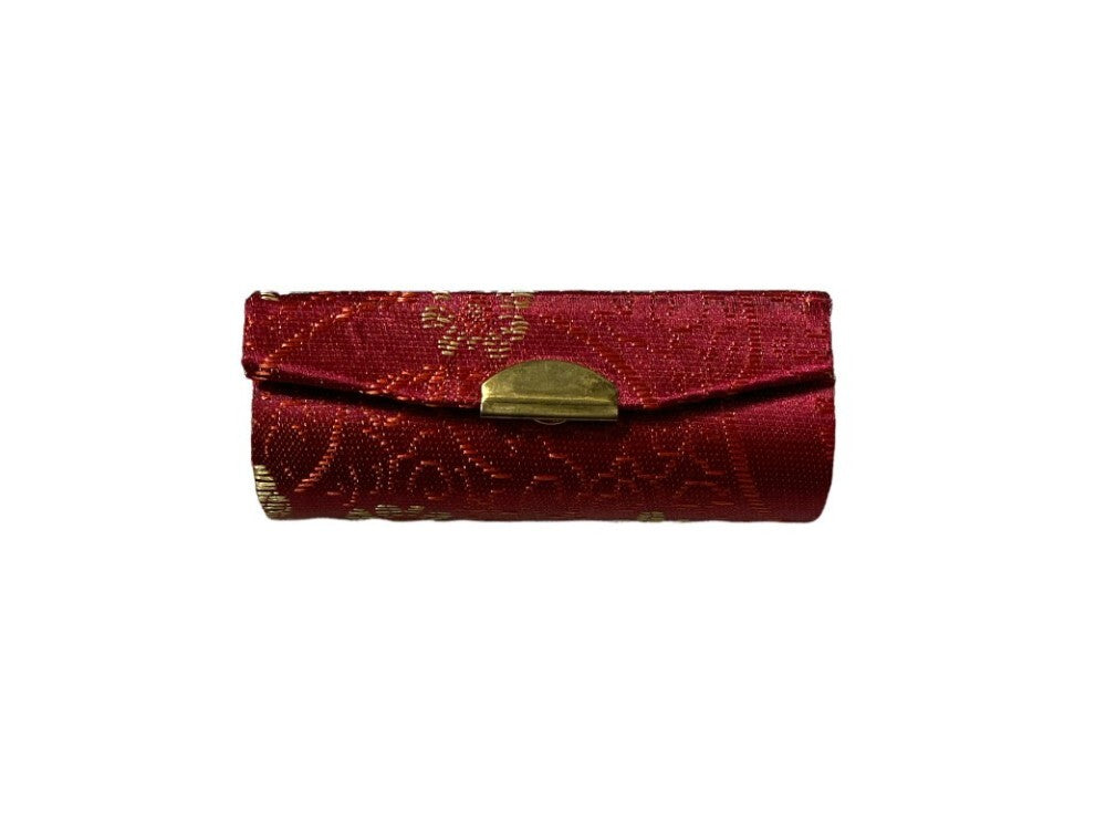 Chinese Silk Print Lipstick Case with Mirror - Elegant Travel Makeup Storage