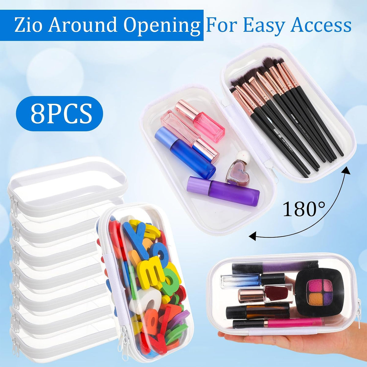 8-Pack Clear Hard Shell Zipper Pouches for Travel Storage & Organization