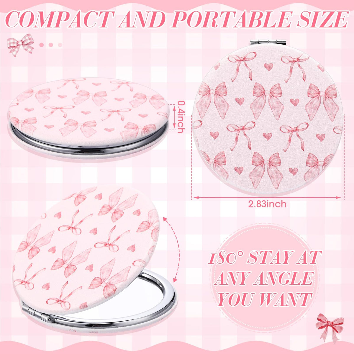 6 Pack Pink Bow Compact Mirrors - Double Sided Makeup & Travel Mirrors