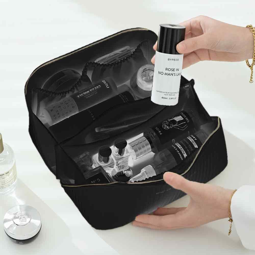 Large Waterproof Travel Makeup Bag with Flat Opening & Organizer