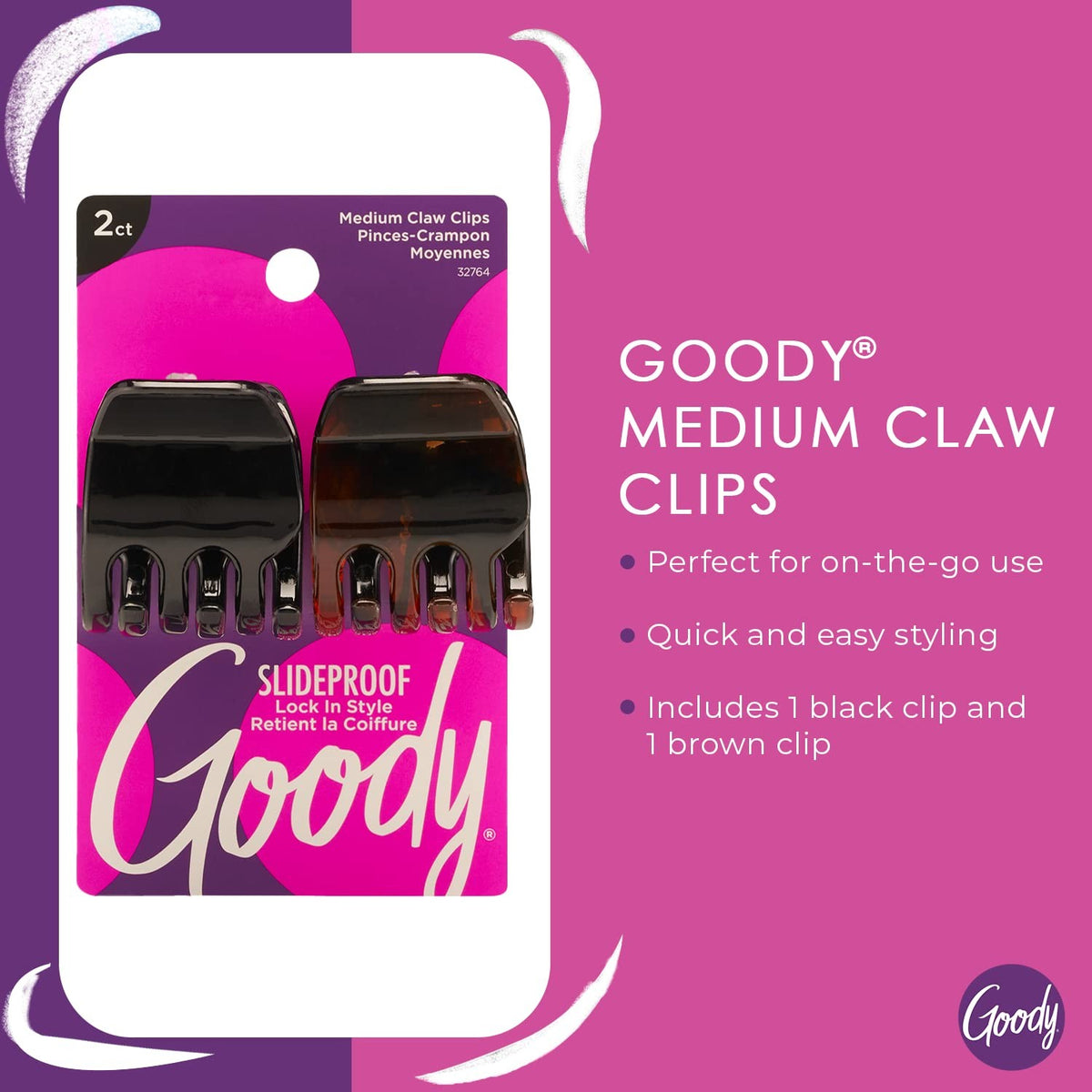 Goody Classics Medium Claw Clips, Black 2 Count (Pack of 2), and Brown