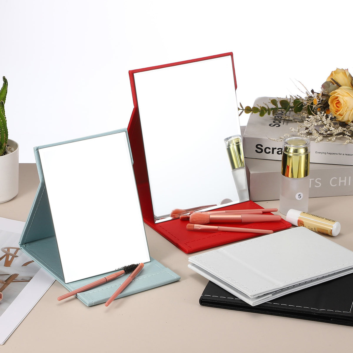 Portable Foldable Desk Mirror with Stand - 4.8x6.7 Inch Travel Makeup Mirror in Red