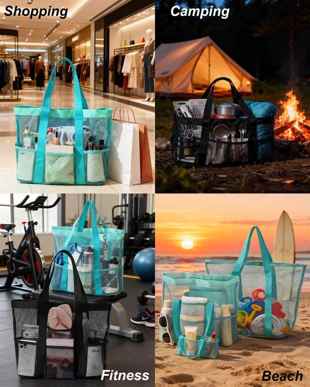 Large Mesh Beach Tote Bag with 8 Pockets & Zippered Compartment - 2 Pack