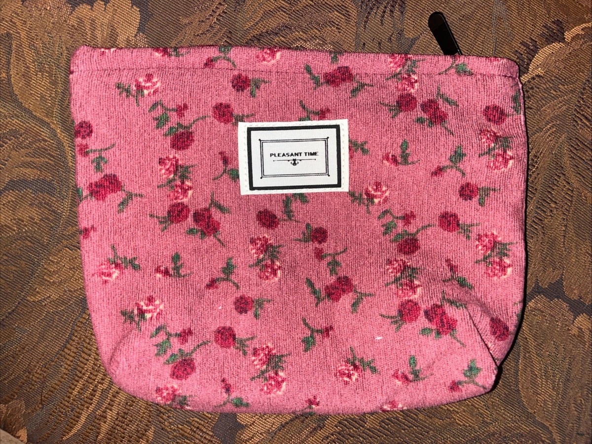 Corduroy Makeup Bag 7x10x2 Inches - Burgundy Rose Pouch with Zip