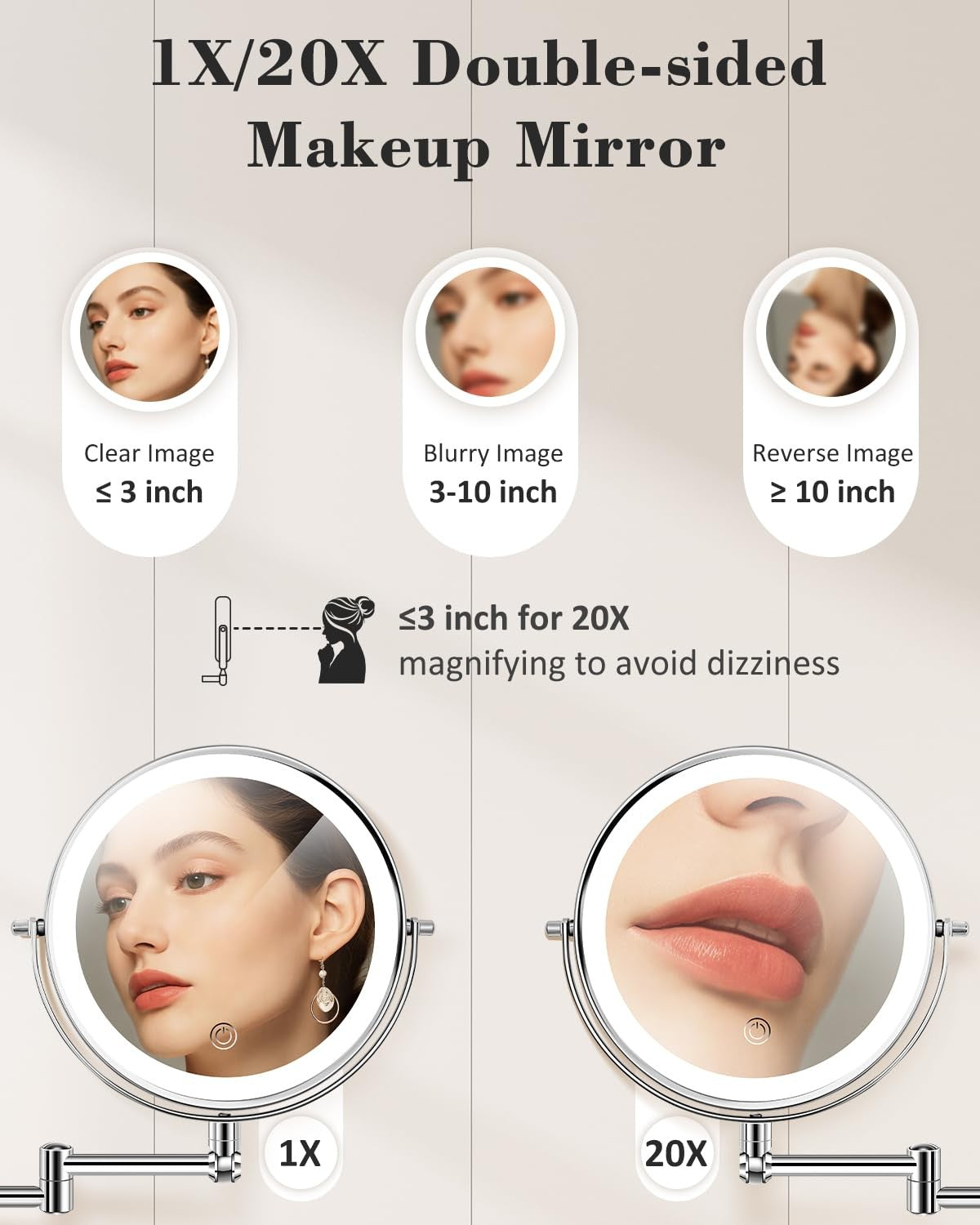 9-Inch Wall Mounted Makeup Mirror with LED Lights, 20X Magnification, Rechargeable & Adjustable Arm