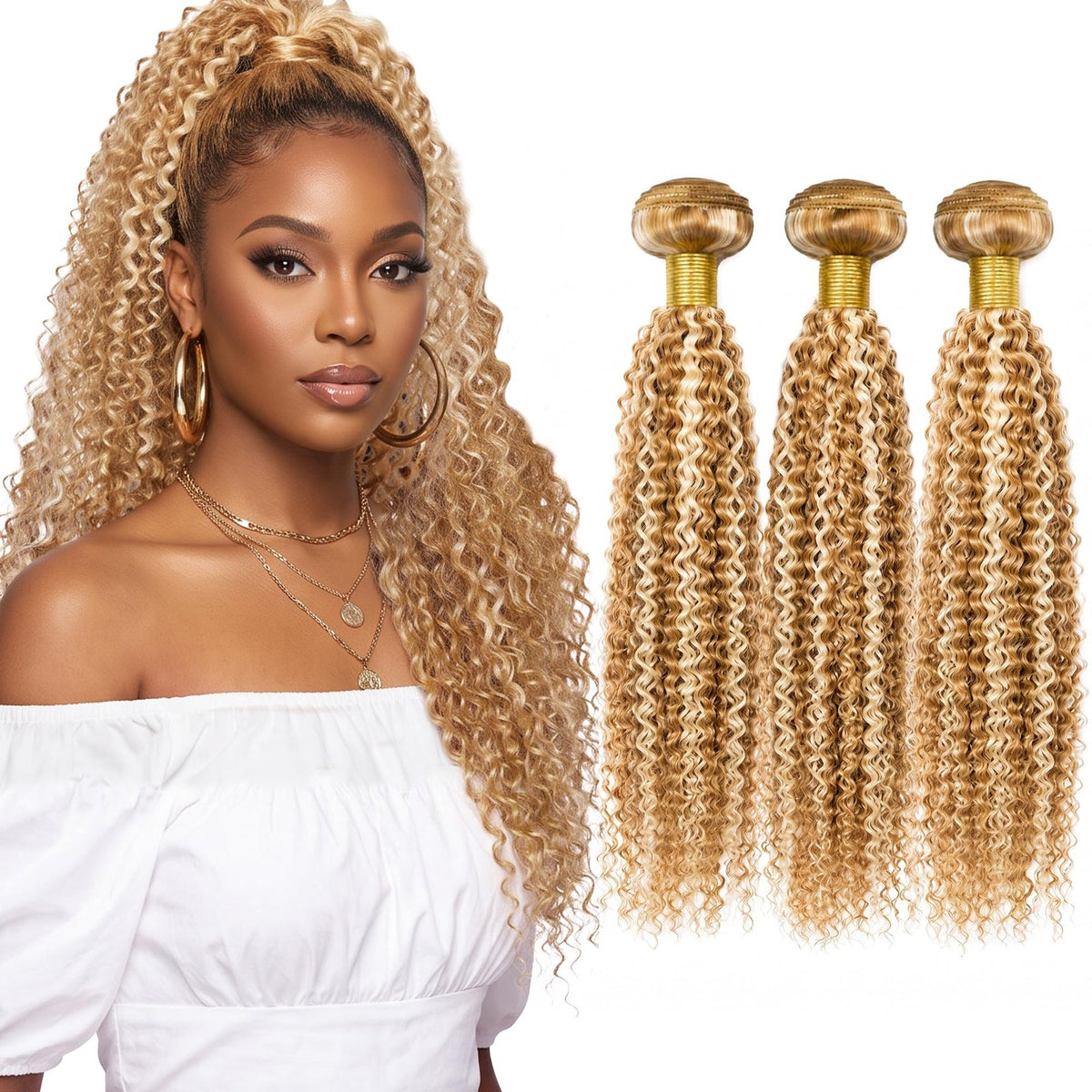 Highlight Blonde Hair Bundles 26-30 Inch Brazilian Human Hair Curly Wave