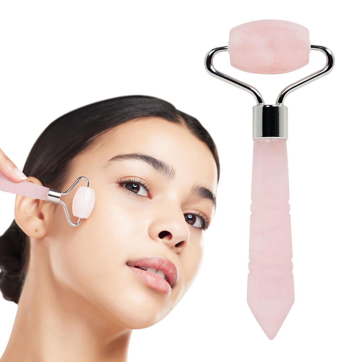 Mini Rose Quartz Facial Roller for Skin Tightening and Puffiness Reduction