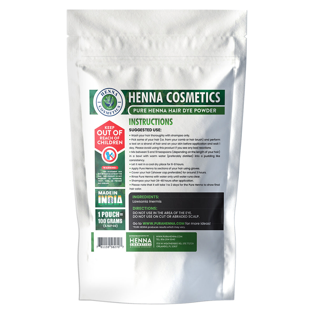100% Pure Henna Powder - Natural Hair Dye, 100g Organic