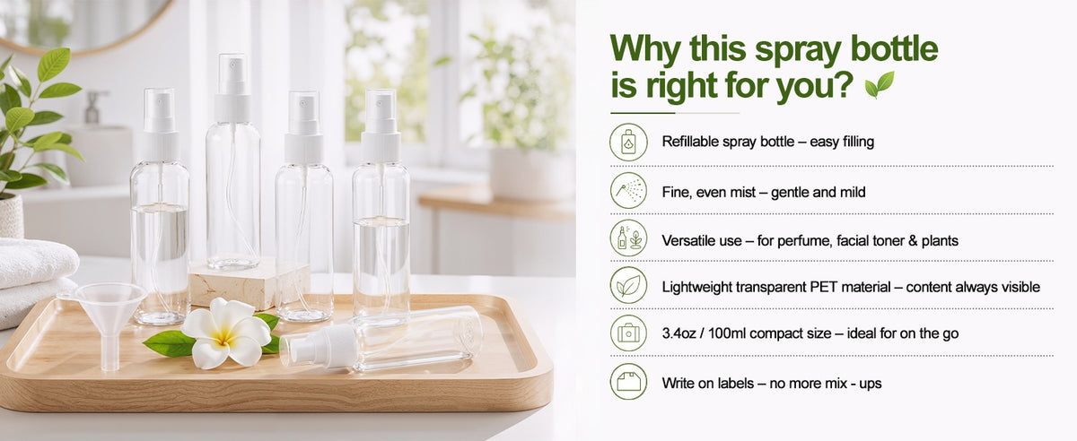 5-Pack 3.4oz Clear Plastic Spray Bottles with Fine Mist Nozzles and Labels