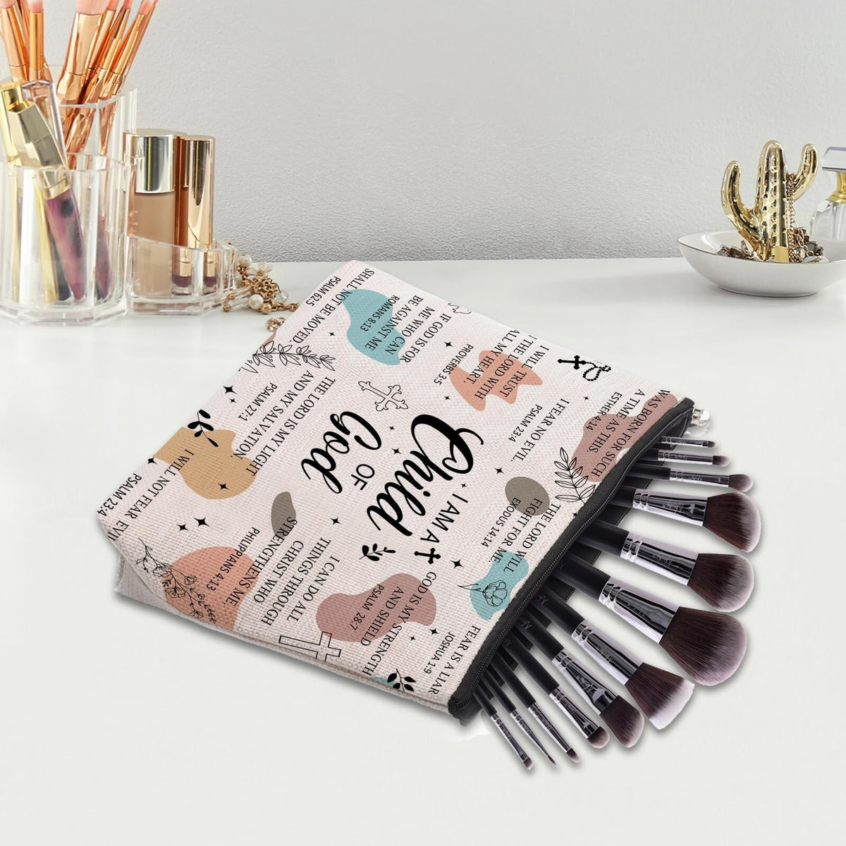 Christian Makeup Bag for Women - Religious Goddaughter Gift, Bible Verse Encouragement, Waterproof Canvas Pouch
