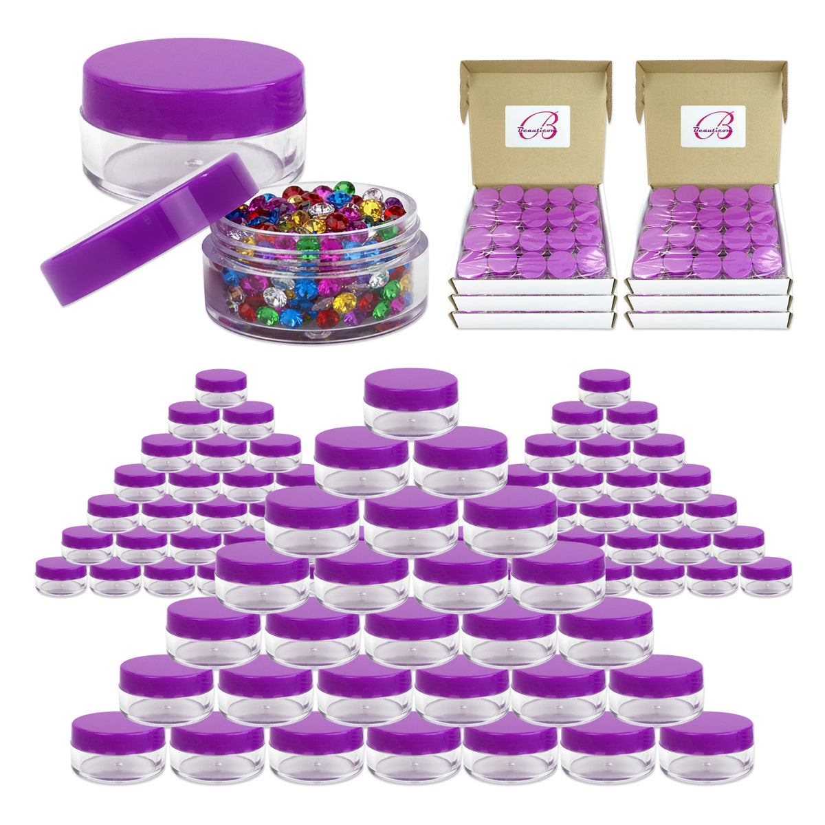 600 Pack 10G Cosmetic Sample Jars with Purple Lids - Clear Plastic Reusable Containers